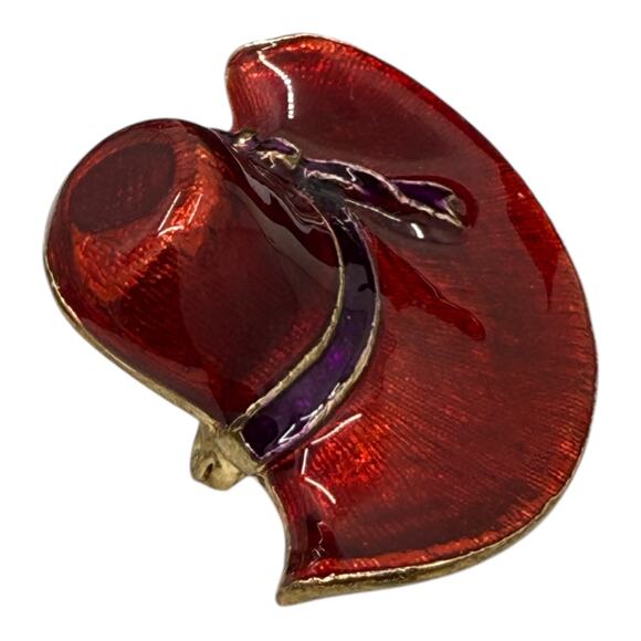 Vintage Red Hat Society Brooch Goldtone Red Purple Enamel Pin - Picture 3 of 6